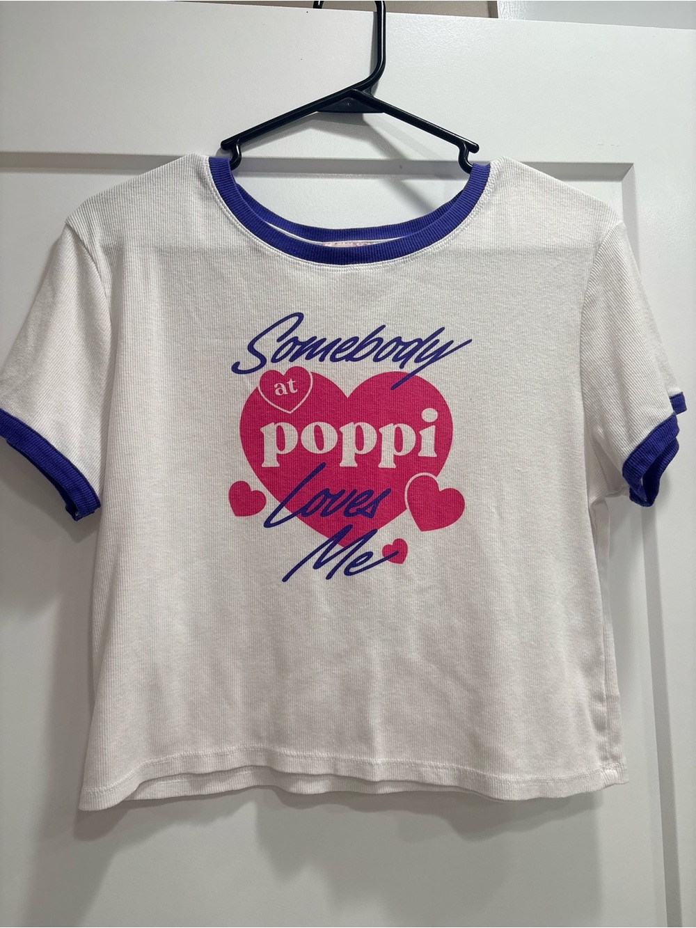 pop White Tee with Purple Trim and Pink Heart Graphic